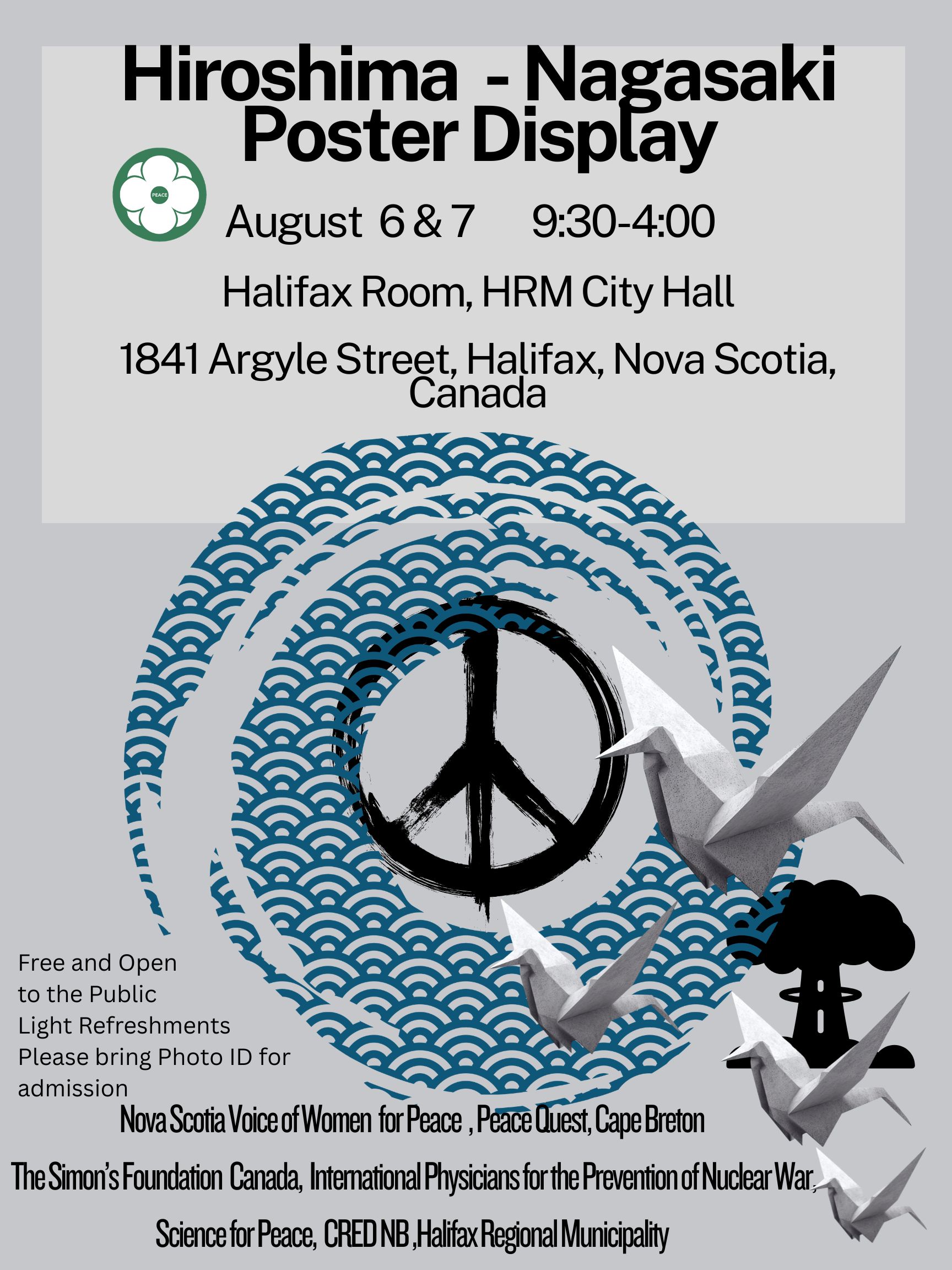Day of Peace invitation from Nova Scotia Voice of Women for Peace, featuring origami cranes and details of the Hiroshima–Nagasaki Poster Display at Halifax City Hall.